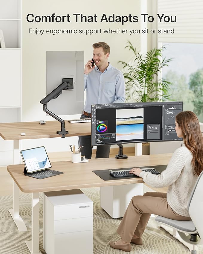 monTEK Single Monitor Arm, Mechanical Spring Monitor Arm for 17-40" Ultrawide Screens, Adjustable Monitors Desk Mount Holds up to 24.2 lbs with C Clamp/Grommet Desk Mount, VESA 75/100mm, MA1011BK