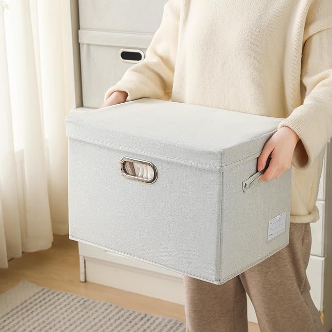 PRANDOM Large Collapsible Storage Bins with Lids [3-Pack] Fabric Foldable Storage Boxes Organizer Containers Baskets Cube with Cover for Home Bedroom Closet Office Beige(17.3x11.8x11.8)