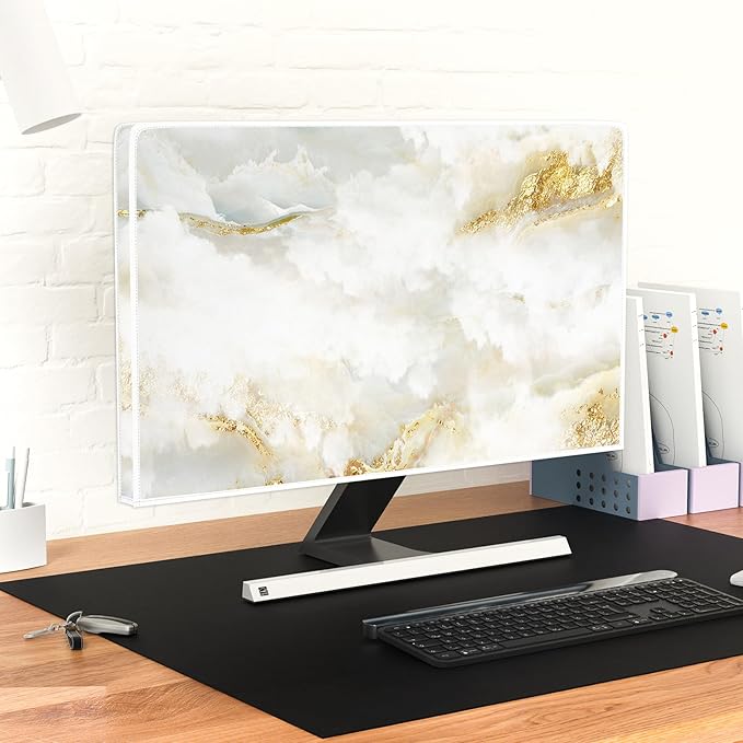 Baocicco White Gold Waterproof TV Display Screen Cover with Abstract Texture Marble Design 80 Inch Television Covers Sleeve Compatible with LCD LED PC Desktop and Home Hanging TV