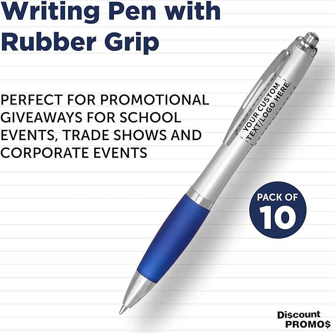 DISCOUNT PROMOS Personalized Ballpoint Pens With Rubber Grip, 10 pack Customizable Ergonomic Click-to-Write Custom Writing Pens for School with Black Ink, Blue