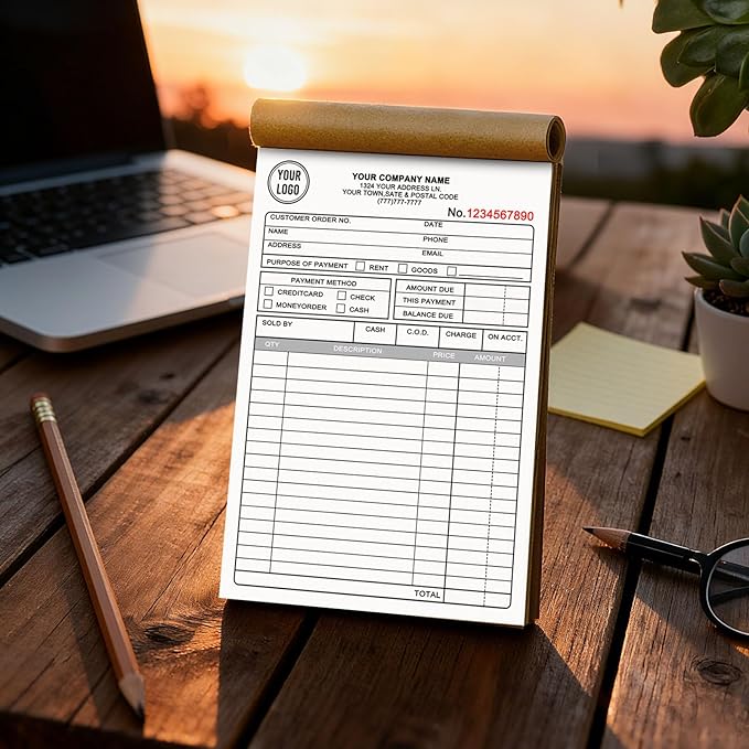 Custom Invoice Book with Logo 50 Set Personalized Receipt Books Customized Invoices for Small Business 3 - Parts Carbonless Duplicate Invoice Forms NCR Books