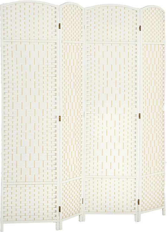 HOMCOM 4 Panel Room Divider, 6' Tall Folding Privacy Screen, Hand-Woven Freestanding Wall Partition for Home Office, Bedroom, White