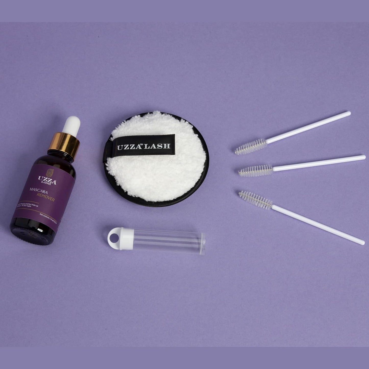 UZZA Lash Eye Makeup Remover - Waterproof Mascara Remover for Sensitive Eyes - Natural Make up Remover - Hygienic Kit Includes Eyelash Brush, Reusable Pads, Cleanser Liquid 1oz