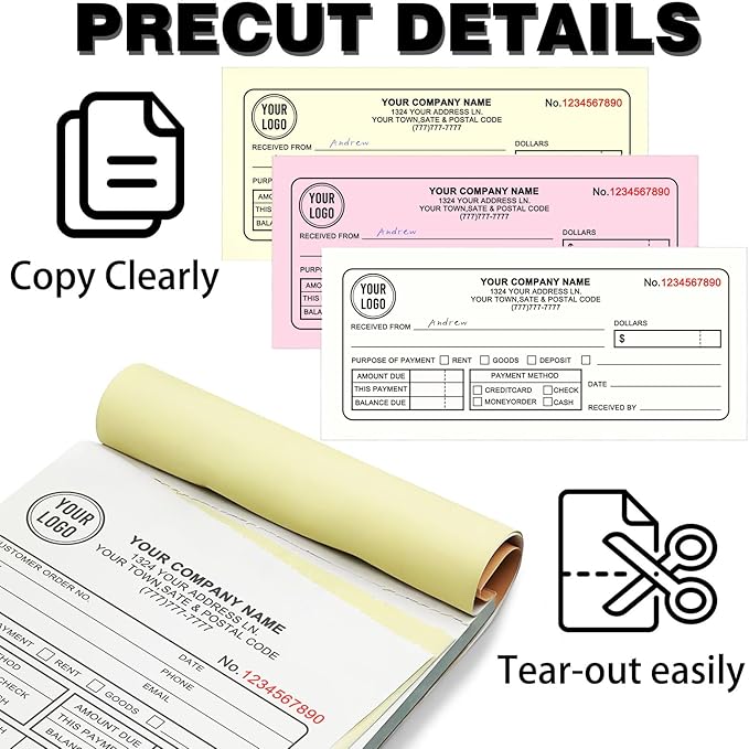 Custom Invoice Book with Logo 100 Set Personalized Receipt Books Customized Invoices for Small Business 2 - Parts Carbonless Duplicate Invoice Forms NCR Books