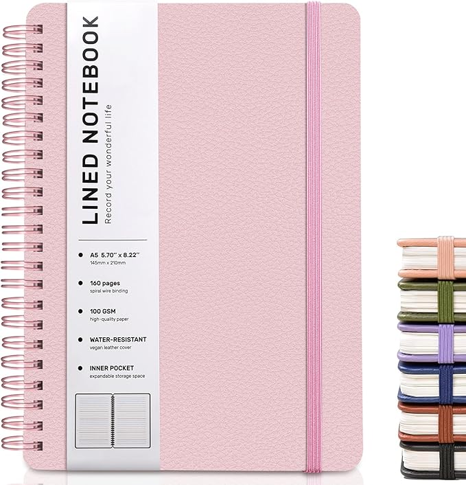ABERLLS Pink Lined Spiral Journal Notebook with 160 Pages, 8×5.7in, A5 Spiral Notebook, Journaling Notebooks for Work, School, Women, Men, College Ruled Spiral Notebook, Hardcover Leather Journals