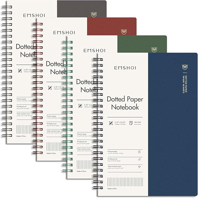 EMSHOI Dotted Journal Spiral Notebook 5.7" x 8.22" - 4 Pack 640 Pages 100gsm Thick Paper, A5 Dot Grid Notebook, Plastic Hardcover Bullet Notebooks Journals for Writing Women Men Work School Supplies