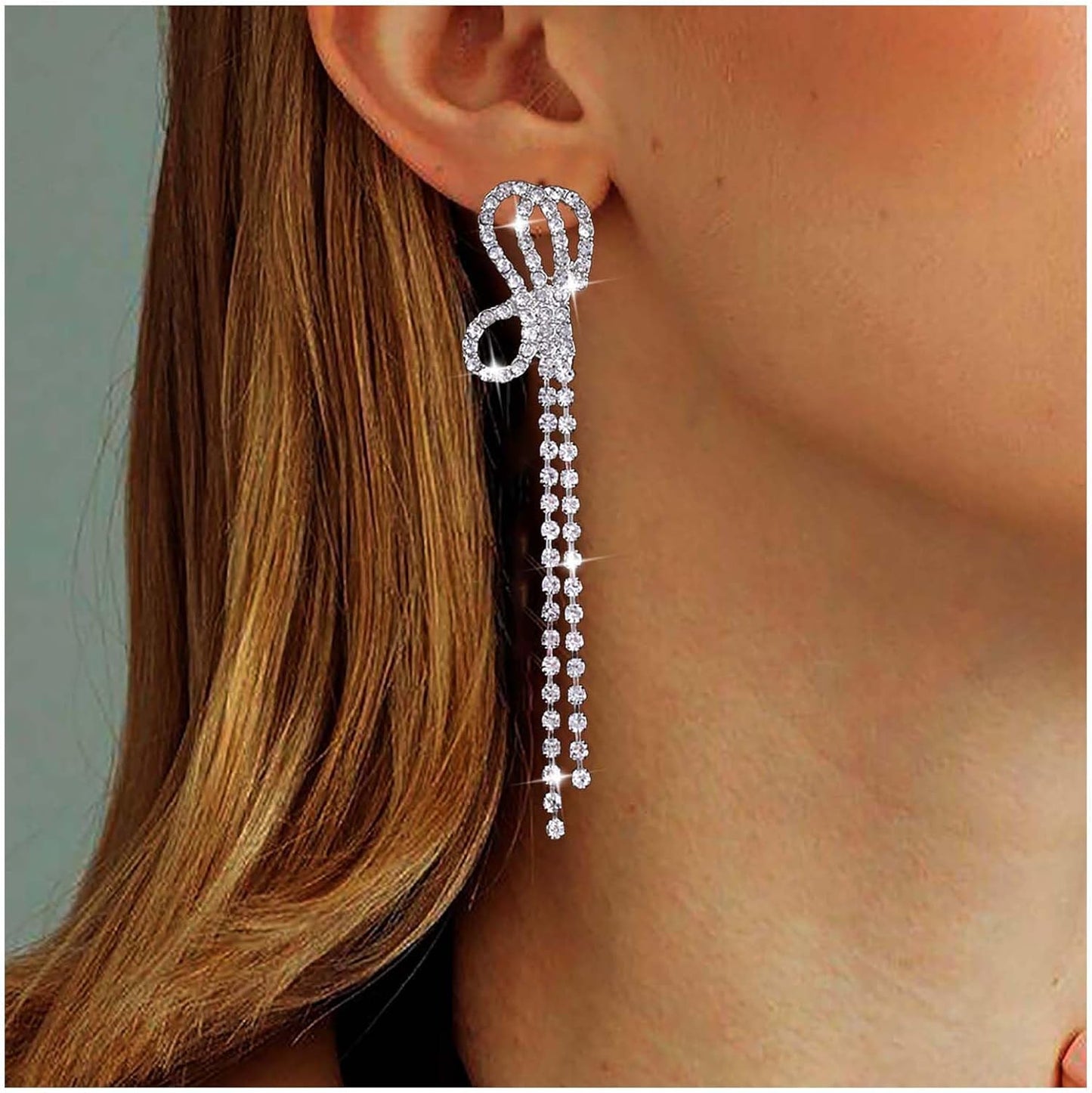 Vintage Crystal Chandelier Drop Earrings Long Rhinestone Chain Earrings Silver Cz Bow Tassel Earrings Sparkly Bridal Tennis Chain Earrings Jewelry for Women
