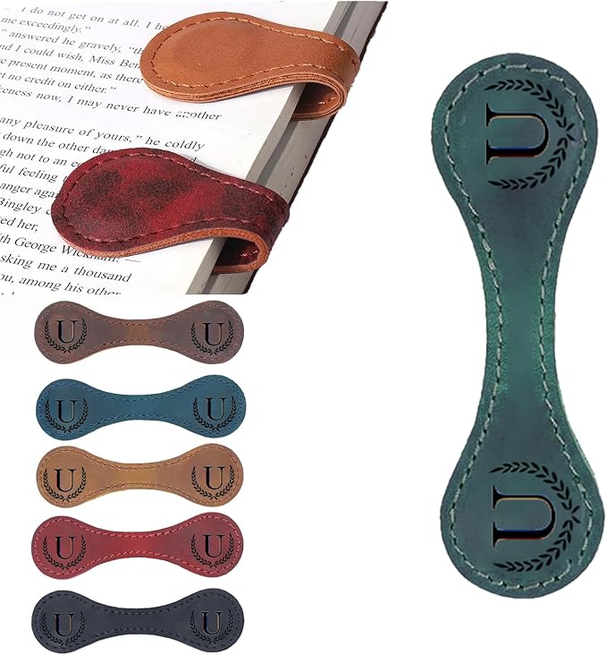 Personalized Magnetic Leather Bookmark, 26 Letters Custom Leather Bookmarks, Handmade, Leather Magnetic Bookmark for Book Lovers Readers Women Kid(Green，U）