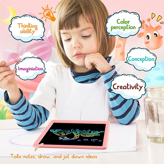 BUKEBU LCD Writing Tablet Doodle Board, Colorful Drawing Pad, Electronic Drawing Tablet, Drawing Pads,Travel Gifts for Kids Ages 3 4 5 6 7 8 Year Old Girls Boys (10.5 inch, Pink+Yellow)