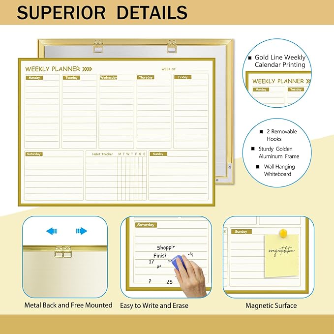 Gold Weekly Dry Erase Board for Wall,12"x16",Small Magnetic Dry Erase Weekly Calendar Board,Gold Metal Frame Weekly Planner Whiteboard for to Do List, Memo, School, Home, Office, Kitchen-GZ