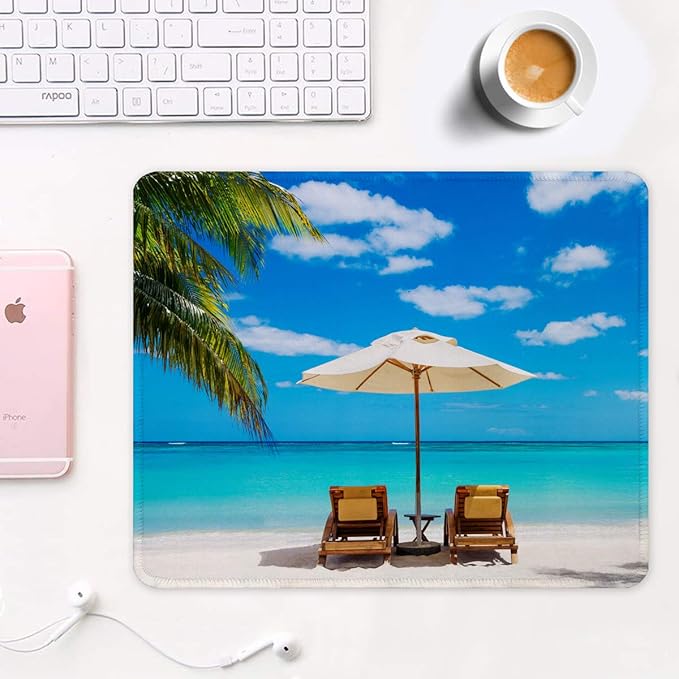 Auhoahsil Mouse Pad, 12 x 10 in Beach Theme Computer Mouse Pad for Desk, Premium-Textured Non-Slip Rubber Stitched Edges Waterproof Square Mouse Mat for Gaming Work Wireless Mice, Blue