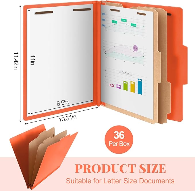 Skyygemm 36 Pcs Classification Folders Letter Size, 2 Divider Pressboard File Folders with 3. 5 Inch Expansion, 2 Prongs Fastener, Heavy Duty Office File Organizers for Teachers, Medical (Orange)