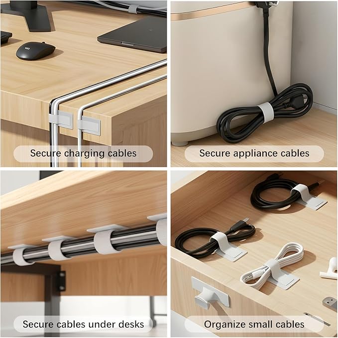100 Pcs Hook and Loop Cable Straps, Under Desk Cord Management Self Adhesive Cable Ties Adjustable Cord Organizer for Desk Home Office Organization (White)
