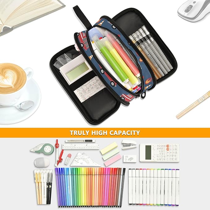 BOENLE Fire Trucks Pencil Case Box Boys Girls Large Pencil Pouch with Zipper Compartments Big Capacity Stationery Pen Bag Organizer for Kids Teens Adults School Office