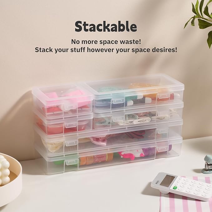 novelinks Stackable Plastic Clear Storage Box Containers with Latching Lid - Art Craft Supply Organizer Storage Containers for Pencil Box, Crayon, Beads (3 Small + 3 Medium + 3 Large -Clear)
