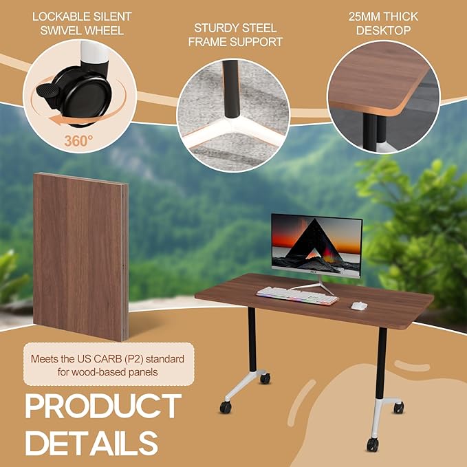 Folding Conference Table 4ft 5ft, Foldable Office Meeting Desk for 6 People, Multiple Sizes Colors Mobile Conference Room Table for Training Room School Business Furniture (2, Walnut, 55in)
