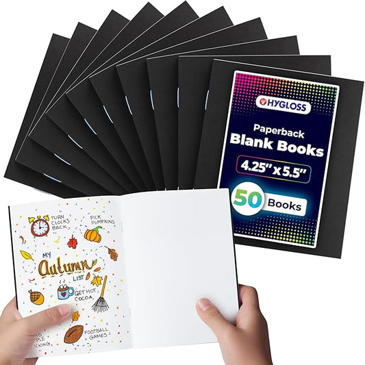 Hygloss Blank Books - Bulk 50 Pack – 4.25" x 5.5" A6 Black Paperback Blank Books for Kids to Write Stories, Doodle, Arts & Crafts – Plain Drawing Sketchbook, Unlined Journal, Notebook Without Lines