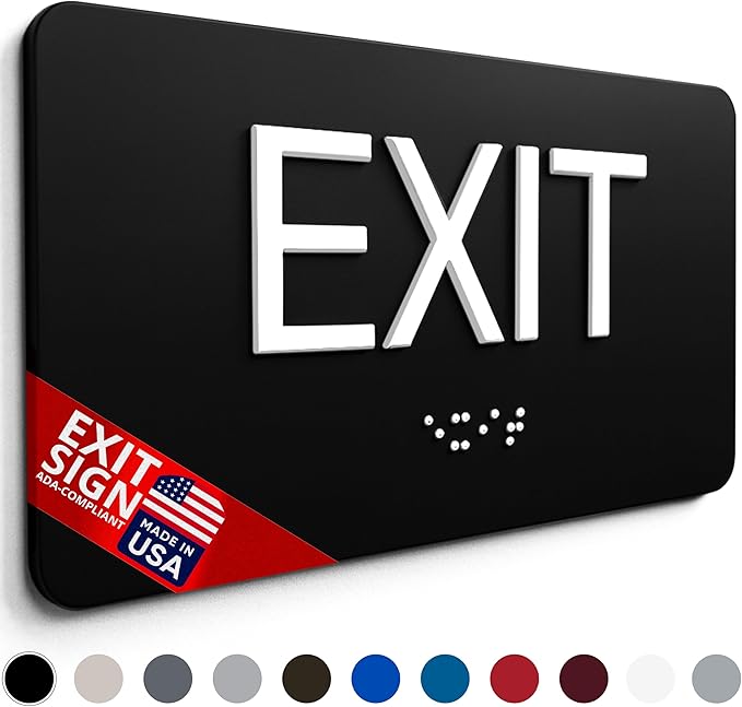 NAP TAGS ADA-compliant Exit Sign (6" x 3"). Features raised text and Braille on a blue background. Durable, easy to install, and perfect for any indoor facility.