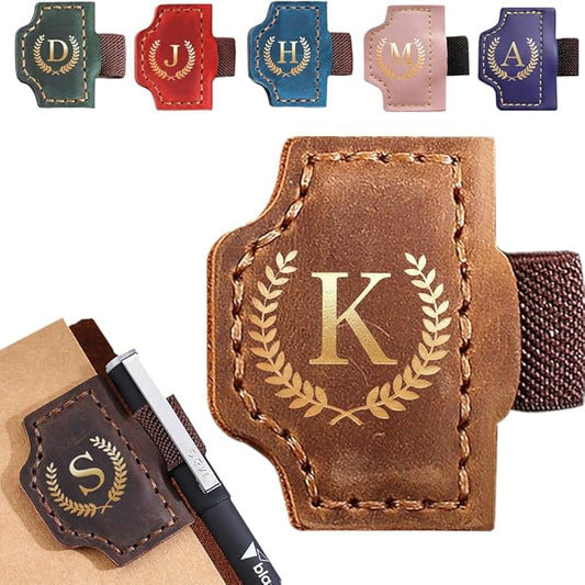 Personalized Bygone Mark Bookmark with Pen Holder, Leather Magnetic Bookmark 26 Letters,Gifts for Book Lovers, Readers, Leather Book Marks for Men Women (Brown, K)