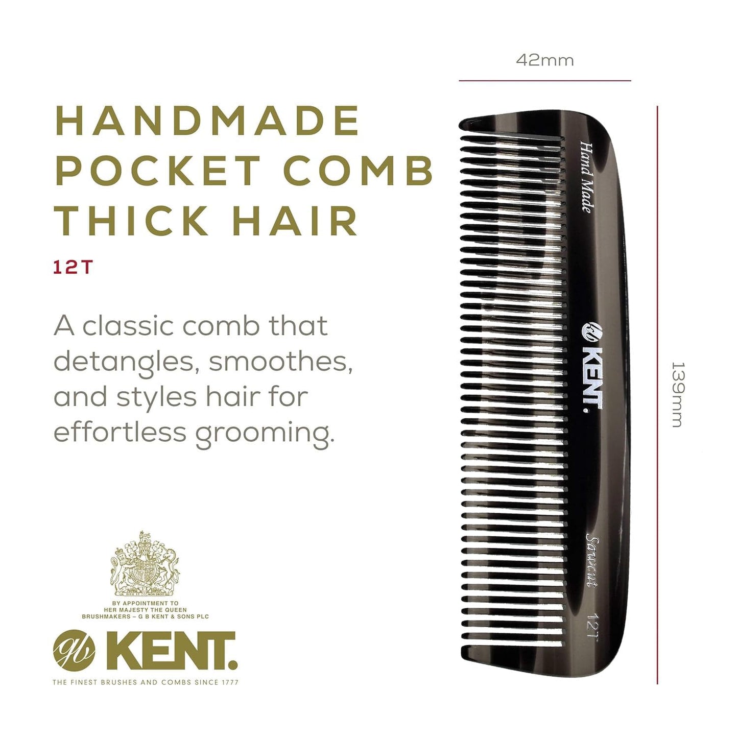 Kent 12T Black Graphite Pocket Comb - Handmade Wide Tooth Hair Comb for Men, Women, and Kids - Travel, Beard, and Mustache Comb - Saw Cut and Hand Polished Made in England