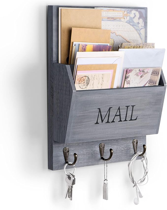 DLQuarts Mail Organizer with Key Holder for Wall Decorative Mail Sorter Wall Mounted, Wooden Mail Holder with 3 Hooks, Gray