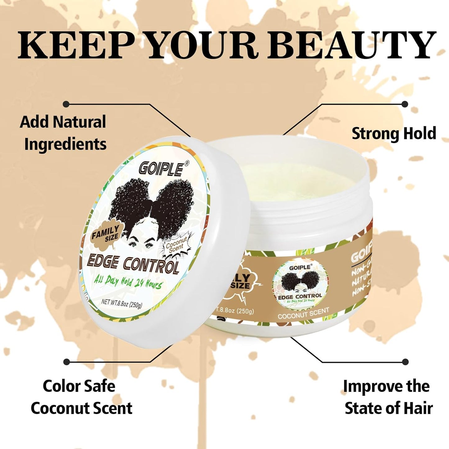 8.8 OZ Edge Control Wax for Women Strong Hold Non-greasy Edge Control Smoother Edge Wax, Edge Wax Styling Gel Edge Control for Black Hair No Flaking, Strong Hold Water-based Edge Stay Gel Coconut