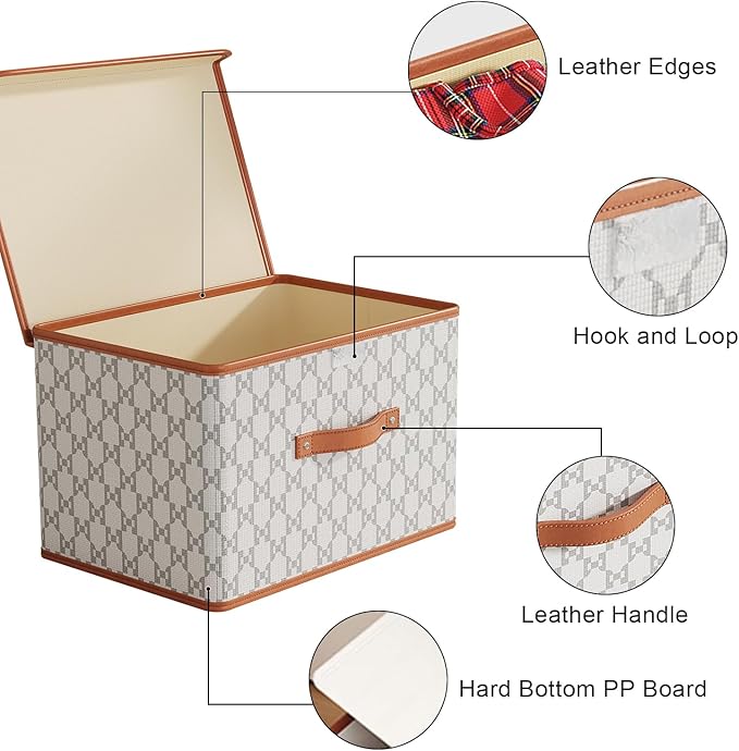Tuza 2 Pack Fabric Storage Bins with Lids, Collapsible Closet Organizer Container, Decorative Storage Boxes with Lids for Organizing Clothes, Blanket, Grey & White, Medium