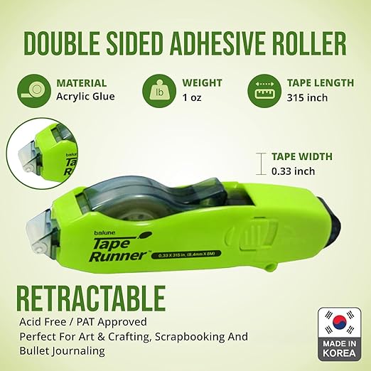TAPE RUNNER - Double Sided Adhesive with Dispenser Roller Included - Acid Free, Sticky, Transparent - Ideal for Scrapbooking, Crafts & More - Retractable (315 inches per Cartridge), 5 Cartridges
