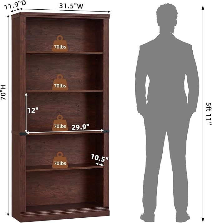 RWYHG 70" Walnut Tall Bookshelf Set of 4,5-Tier Thick Wooden Book Shelf with Adjustable Shelves,Free Standing Farmhouse Bookcase with Open Display Storage,Floor Vintage Bookshelves for Living Room