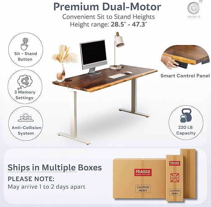 Standing Desk – Walnut Solid Wood Desk, Natural Live Edge, Adjustable Height Dual Motor, Sit Stand for Home Office (White, W48 x D27)