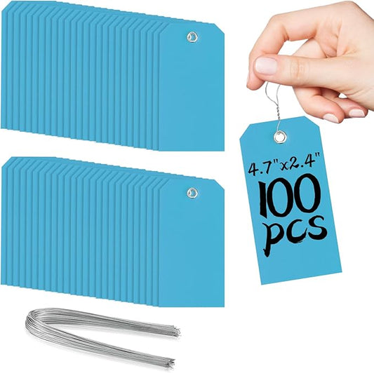 100 Plastic Shipping Tags with Wire - Waterproof, Reinforcement Hole, Durable Labels for Equipment Parts (Baby Blue, 4 3/4" x 2 3/8")