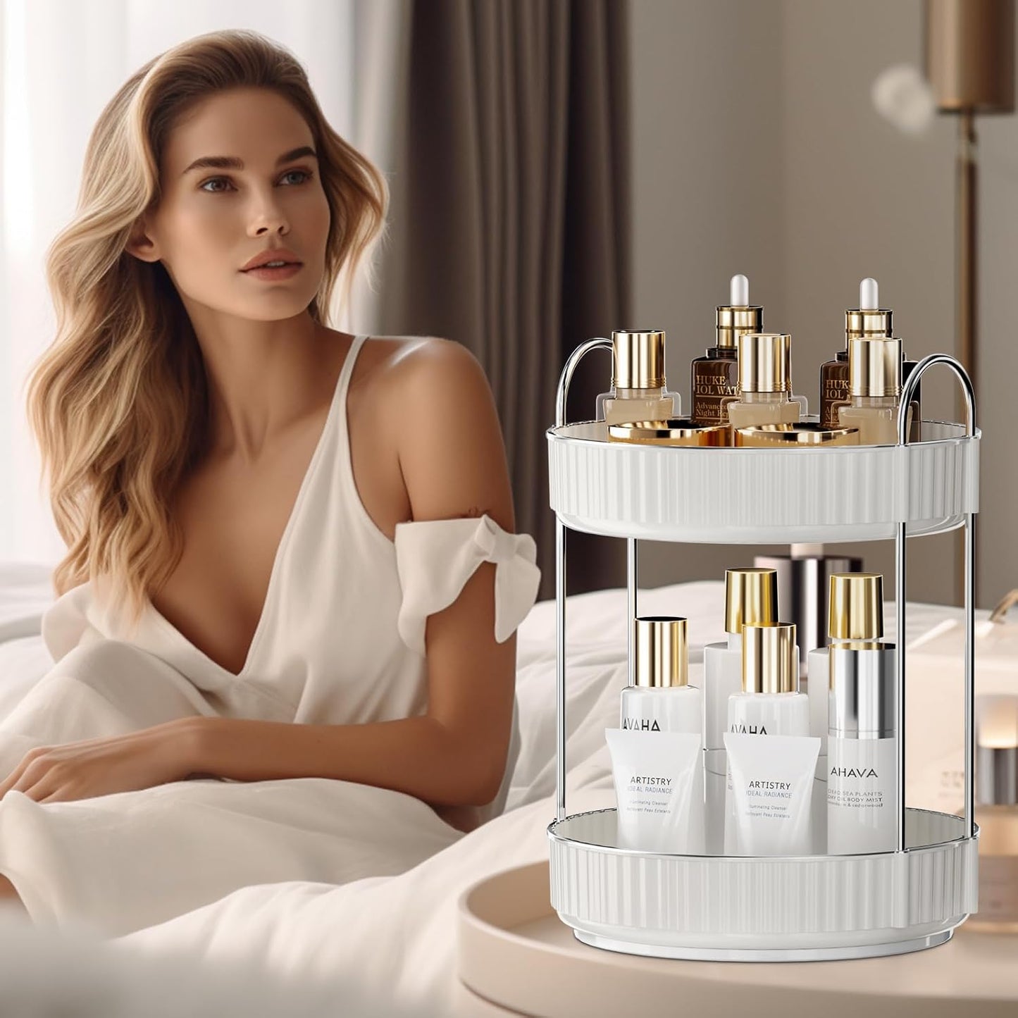 Rotating Makeup Organizer for Vanity, 2 Tier High-Capacity Skincare & Makeup Storage, Perfume Organizer, Cosmetic Dresser, Countertop 360 Spinning