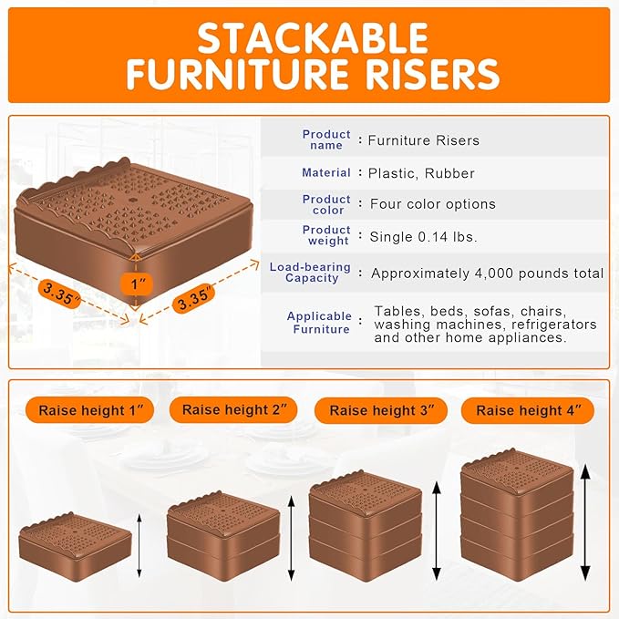 shouwuhho Furniture Risers, 12 Pack Bed Risers with Non-Slip Grip and Heavy Duty Support, 1 Inch 2 Inch 3 Inch 4 Inch Height Lift for Couch, Sofa, Table, Desk, Chair, Refrigerator - Brown, 1 Inch