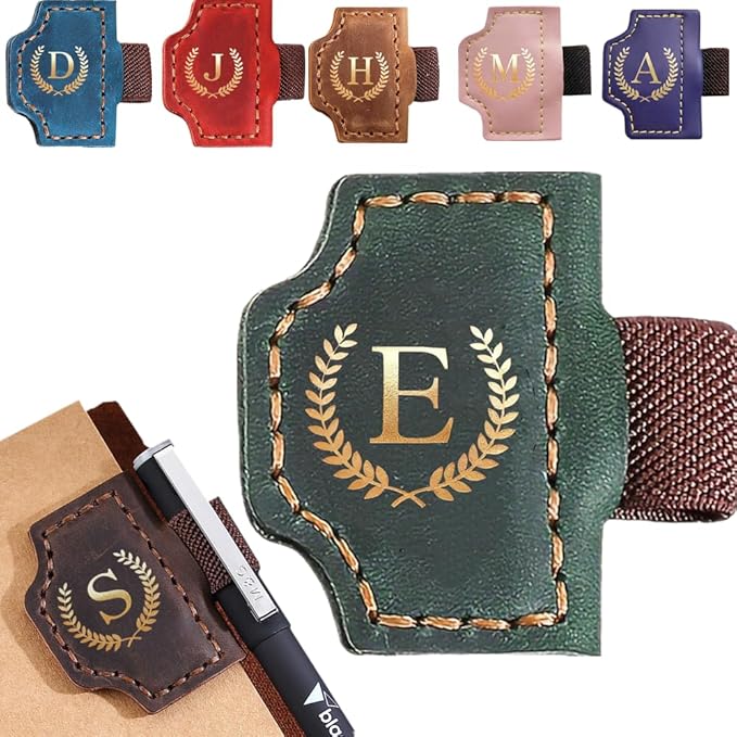 Personalized Bygone Mark Bookmark with Pen Holder, Leather Magnetic Bookmark 26 Letters,Gifts for Book Lovers, Readers, Leather Book Marks for Men Women (Green, E)