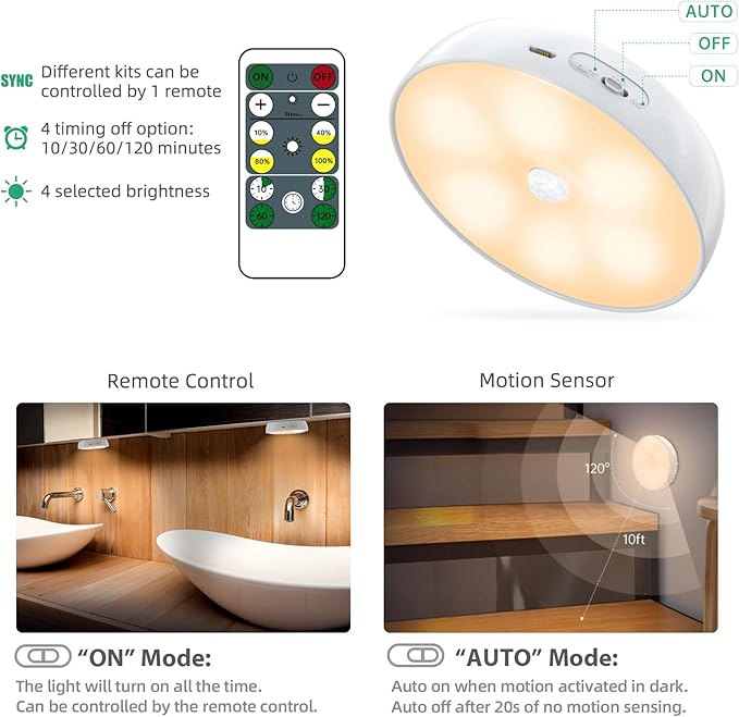 LED Closet Lights Motion Sensor Puck Light with Charge Station, USB Rechargeable Battery Operated Puck Step Lights, Dimmable Under Cabinet Lighting for Counter Wardrobe Kitchen (6 Pack)
