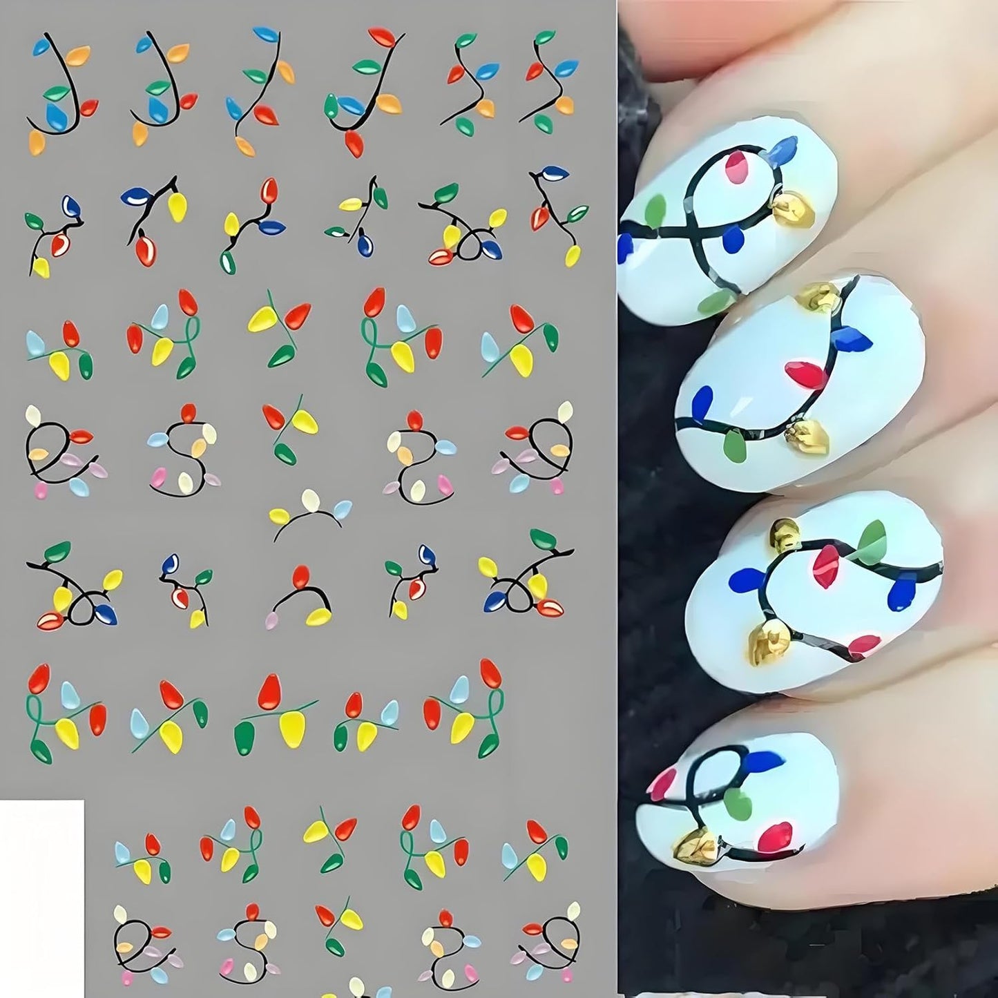 2Pcs Christmas Nail Art Stickers Decals 5D Embossed Christmas Nail Decals Colorful Light String Nail Stickers Xmas Lanterns Nail Supplies New Year Winter Nails Supplies for Women Manicure Tip Decor
