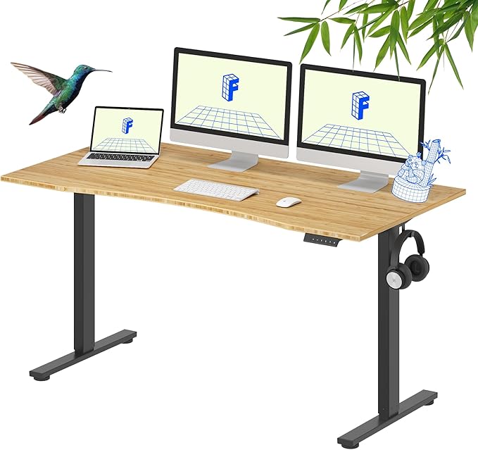 FLEXISPOT EN1 Bamboo Standing Desk, 60 x 30 Inches Whole-Piece Electric Adjustable Height Desk for Home Office (Black Frame + Bamboo Curved Desktop, 2 Packages)