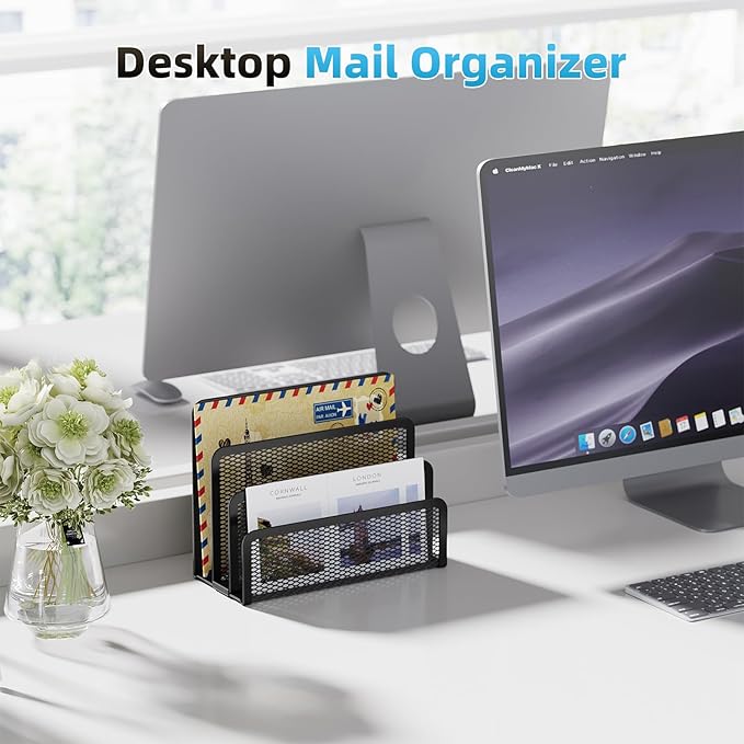 Marbrasse Mail Organizer for Desk, 3-Slot Mesh Metal Mail Holder countertop, Letter Holder, Office Desktop Envelope and Document Storage Rack (Black)