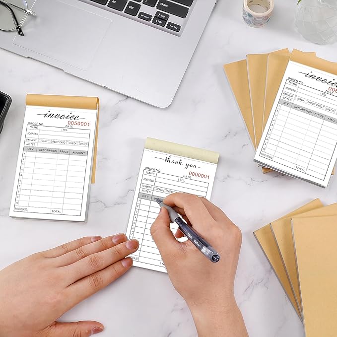 6 Pack Thank You Receipt Book, 3.4x5.5" Handheld 2-Part Carbonless Sales Invoice Book, Invoice Pad with Cardboard for Small Boutique Business, (50 Sets)