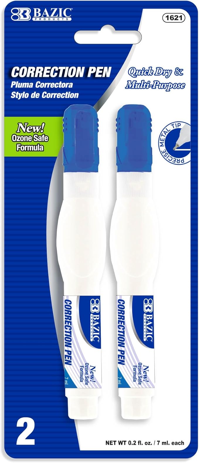 BAZIC Products Correction Pen - Corrections Fluid, Precise Metal Tip White Out, Ideal for School & Office Supplies, Alternative to Correction Solution, 2/Pack, 144-Packs