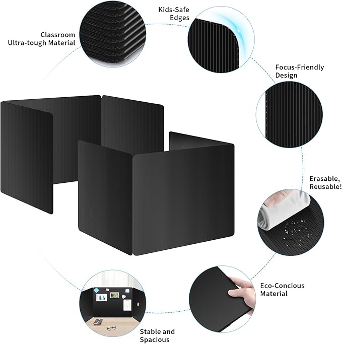 12 Pack Black Desk Dividers for Students, Privacy Shields Folder for Students, Durable & Waterproof Plastic Study Board, Classroom Teacher Supplies Test Divider, Includes Extra Labels