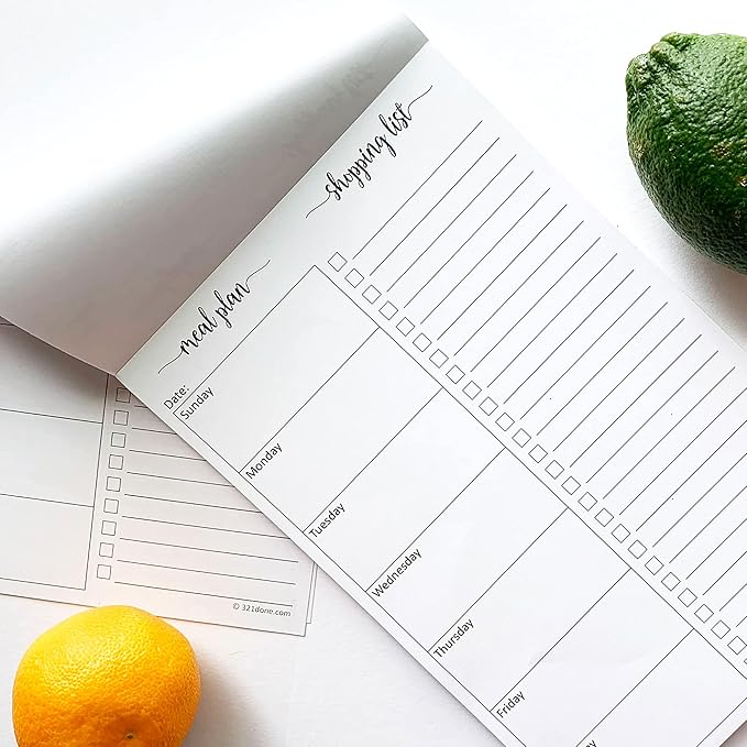 321Done Meal Planning Notepad - 50 Sheets (5.5x8.5) Perforated Weekly Meals Planner Shopping List Menu Groceries Grocery List, Tear Off Memo Pad - Made in USA - Monday Start