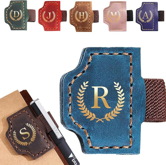 Personalized Mark Bookmark with Pen Holder, Leather Magnetic Book Marker 26 Letters,Custom Initials Page Marks, Gifts for Book Lovers Readers Men Women (Blue, R)