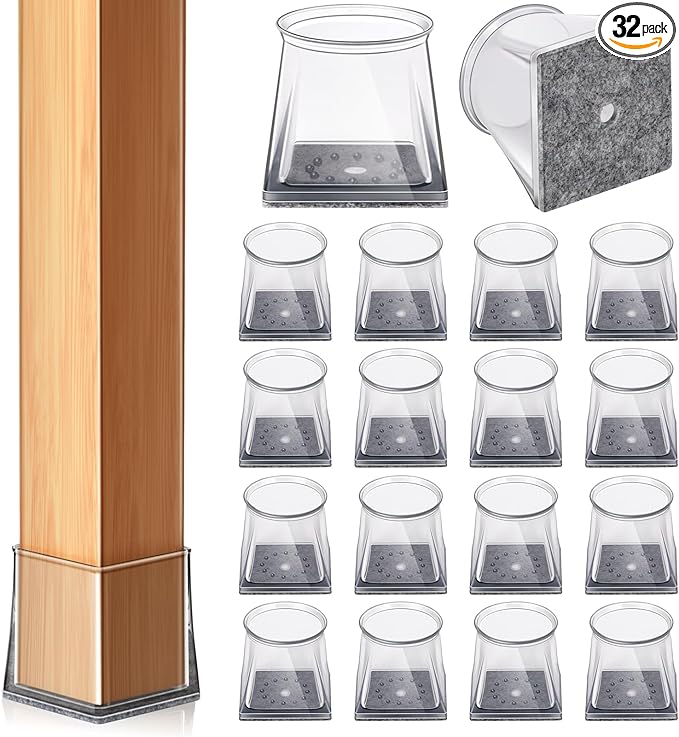 32 Pcs Square Chair Leg Floor Protectors, Clear Silicone Chair Leg Caps Covers Sliders for Hardwood & Tile Floors, Stay-On Tight Fit Design, Scratch-Free & Noise Reduction (S Fits: 3/4" to 1-1/16")