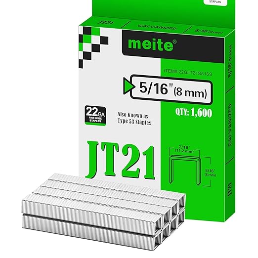 meite JT21 Staples, 5/16 Inch Galvanized Fine Wire Staples for Staple Gun - 7/16" Crown JT21 Staple Refill, Ideal for Upholstery, Crafts, Furniture (1 Case)