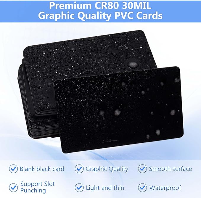100 Pack - Premium Blank PVC Cards for ID Badge Printers - Premium Quality Black CR80 30 Mil (CR8030) by KLMNDUO - Compatible with Most Photo ID Badge Printers(Black)