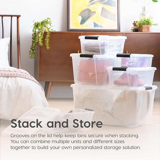 IRIS USA 13 QT Plastic Storage Box with Lid and Latches - 4 Pack - BPA-Free, Discreet Organizing Solution, Durable Nestable Stackable Containers, Secure Pull Handle - Pearl