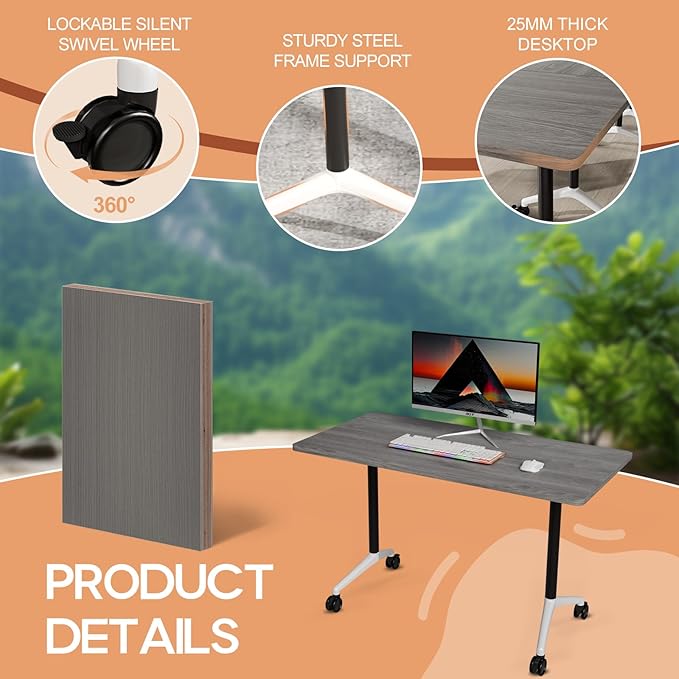 Folding Conference Table 4ft 5ft, Foldable Office Meeting Desk for 6 People, Multiple Sizes Colors Mobile Conference Room Table for Training Room School Business Furniture (2, Grey, 47in)