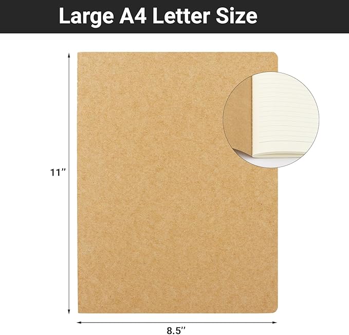 EUSOAR Notebook Journal, 6 Pack A4 11" x 8-1/2", 40 Sheets/ 80 Pages, 100gsm Thick Paper, College Ruled Notebooks Brown in Bulk, Line Journals Letter Size for Note Taking Taking Composition