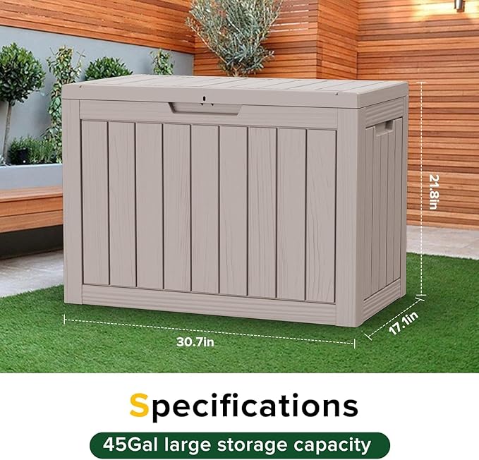 PATIOEASY Outdoor Storage Box 80GAL Waterproof Resin Deck Box,UV-Resistant Lockable Delivery Bin for Garden Tools,Small Outside Cushions,Pool Accessories Supplies,Chest,Furniture,Package,Grey